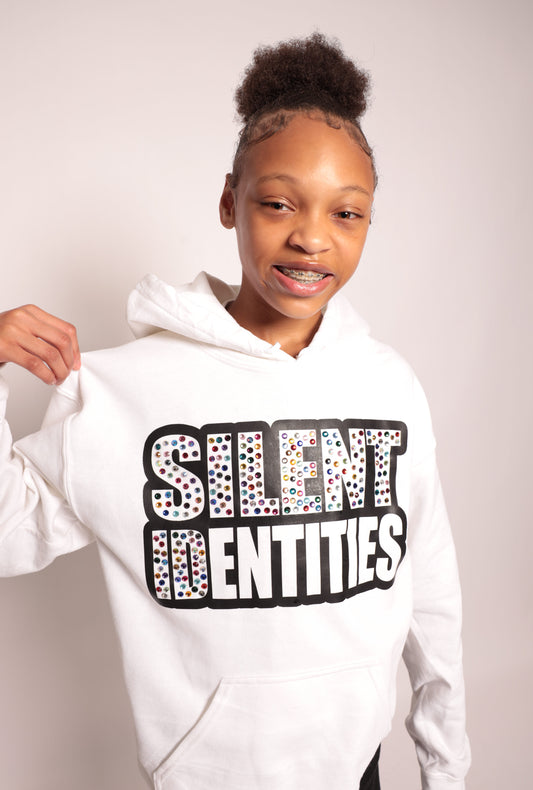 KIDS WHITE “SILENT ID” GEM HOODIE